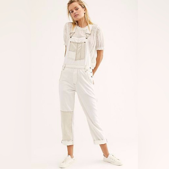 We The Free Denim - Free People We The Free White Denim Carpenter Overalls with Patchwork Size Small